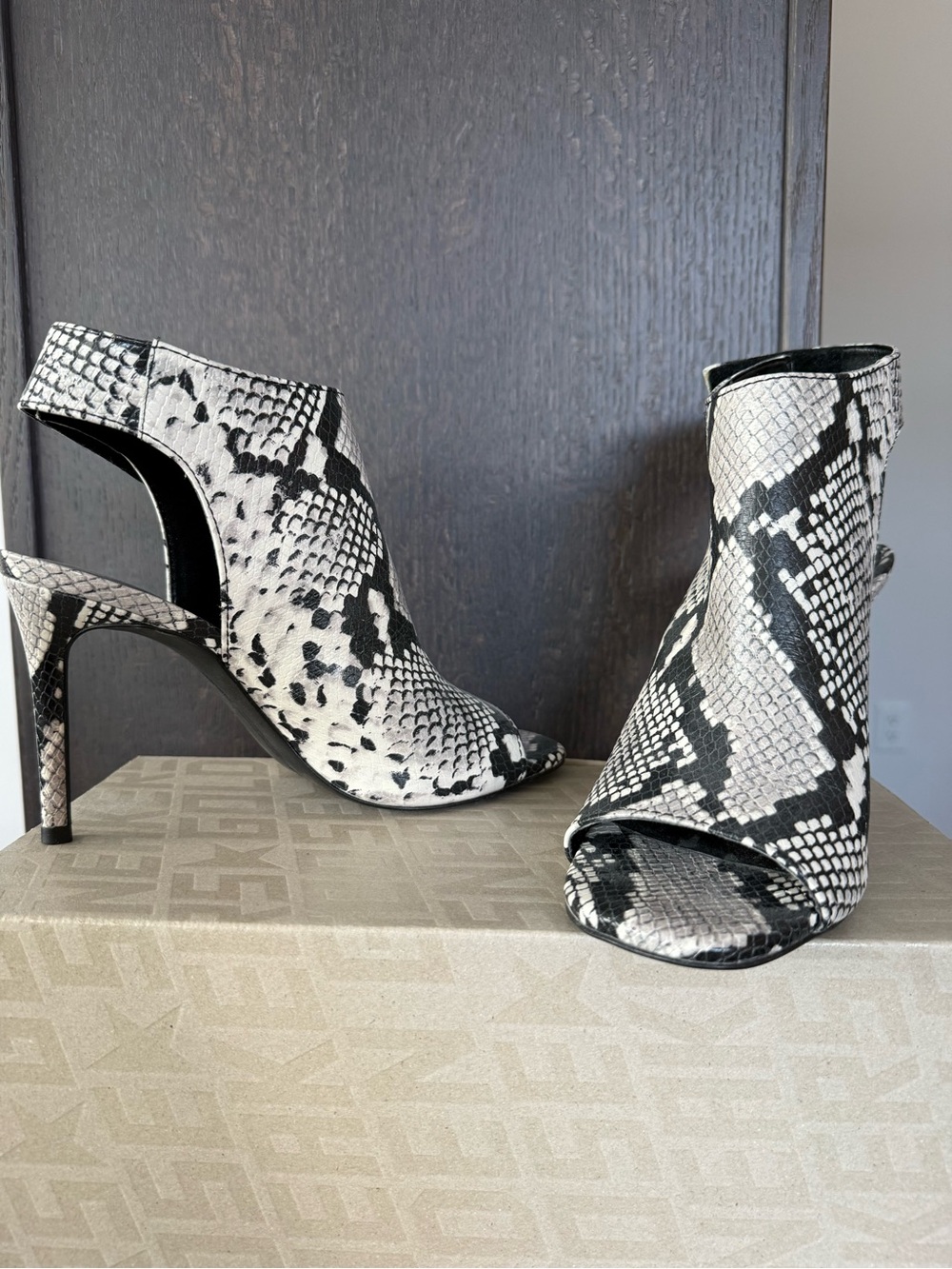 Vince Camuto Black & White Snake-Print Peep-Toe Stiletto Booties